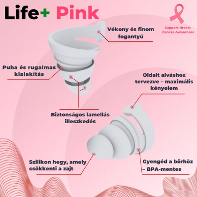 A BOLLSEN Life+ Pink Edition füldugó ábrája, amely puha rétegeket és bőrbarát ergonomikus kialakítást mutat