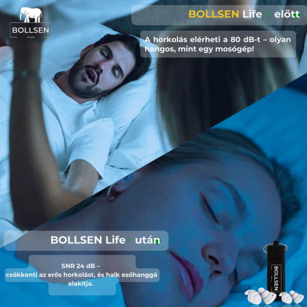 A BOLLSEN Life+ Pink Edition füldugók használata előtt és után – csökkenti a horkolást és segít a nyugodt alvásban