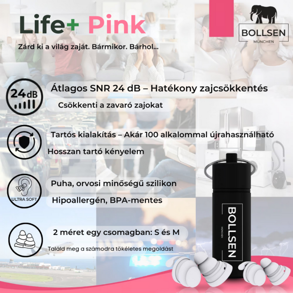 BOLLSEN Life+ Pink Edition csomag – két pár füldugó, alumínium tok és használati útmutató